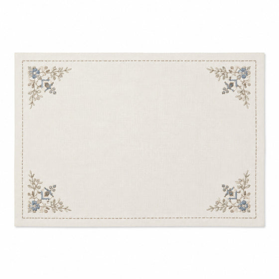 Ivory cotton placemat with dusty blue botanical corner embroidery and delicate border, elegant dining table mat by Primeval