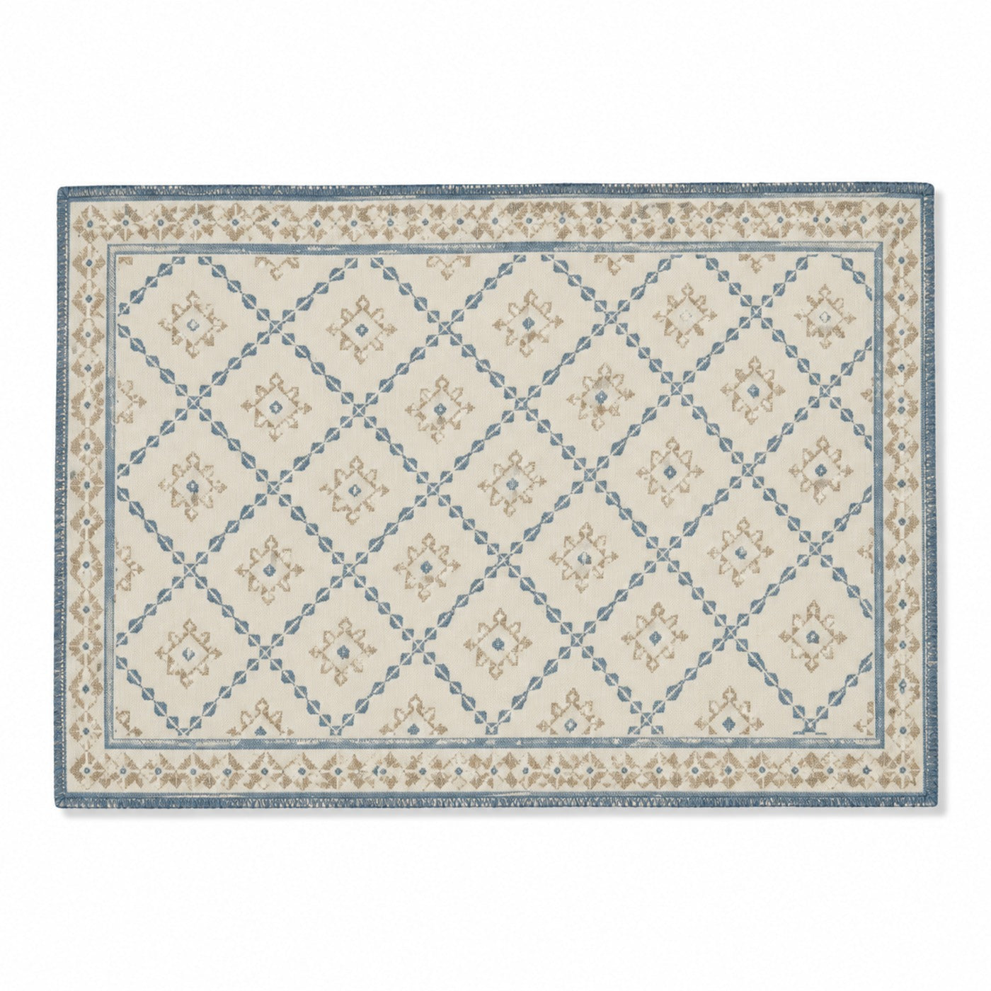 Ivory and dusty blue placemat with vintage diamond medallion pattern and ornate border, decorative dining table mat by Primeval