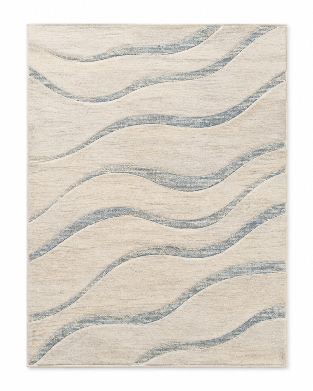 Ivory area rug with soft blue flowing wave stripes and airy coastal-inspired look