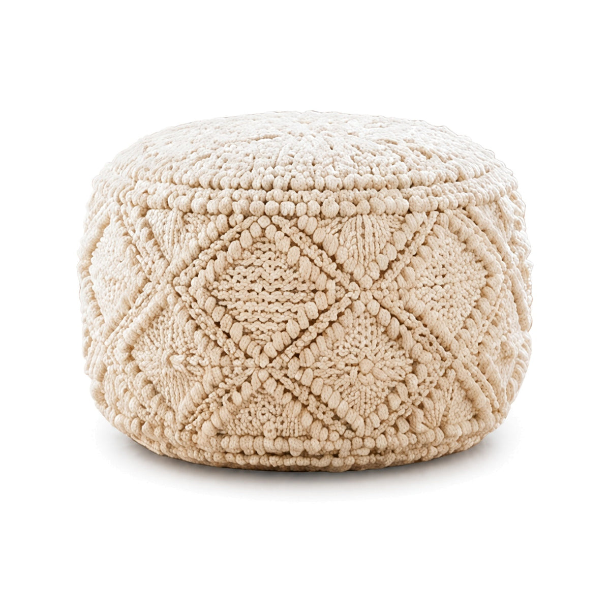 Ivory bobble diamond textured round pouf ottoman on white background