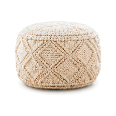 Ivory bobble diamond textured round pouf ottoman on white background