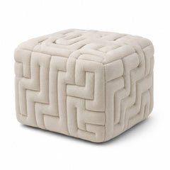 Ivory Bouclé Maze Channel Cube Pouf Ottoman on white background