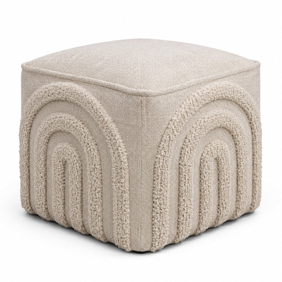 Ivory Bouclé Rainbow Arch Cube Pouf Ottoman on white background