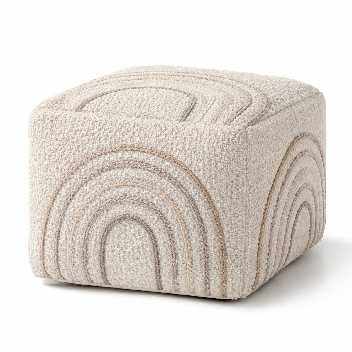 Ivory Bouclé Tonal Rainbow Arch Cube Pouf Ottoman on white background