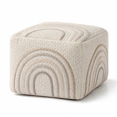 Ivory Bouclé Tonal Rainbow Arch Cube Pouf Ottoman on white background