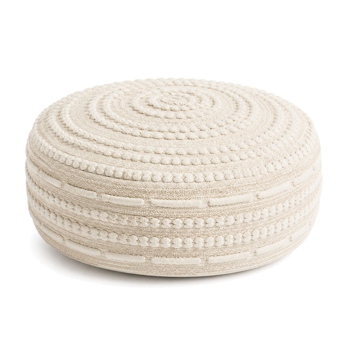 Ivory Braided Concentric Round Pouf Ottoman by Primeval on white background