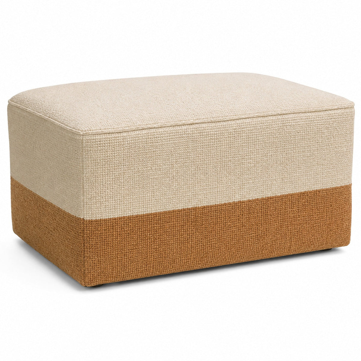 Ivory & Camel Two-Tone Woven Cotton Rectangular Pouf Ottoman on white background