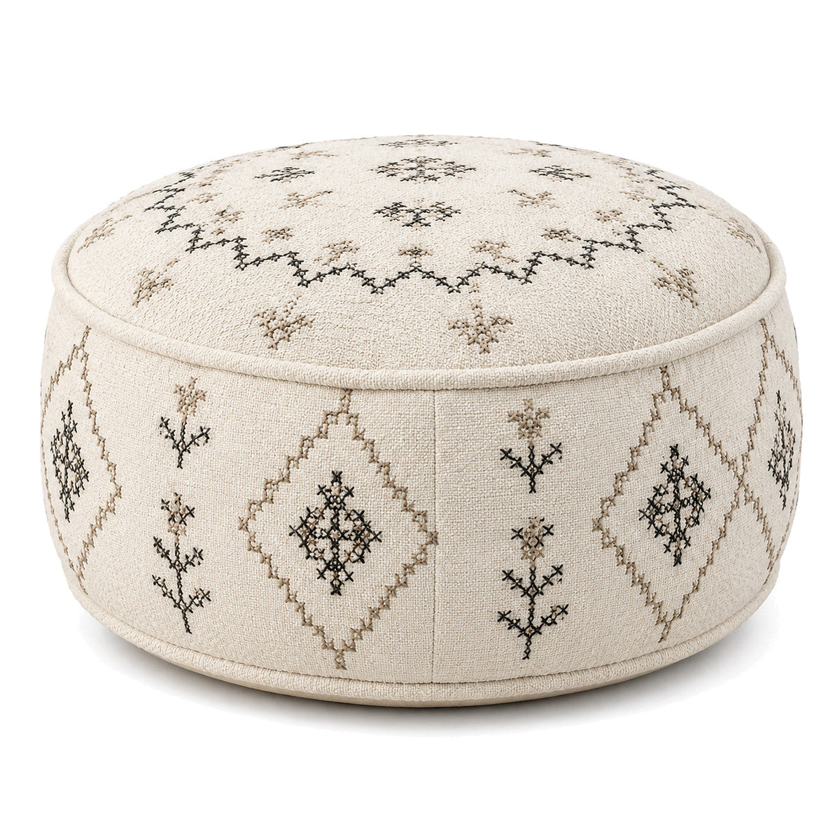 Ivory & Charcoal Boho Embroidered Round Pouf by Primeval on white background
