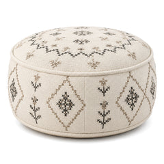 Ivory & Charcoal Boho Embroidered Round Pouf by Primeval on white background