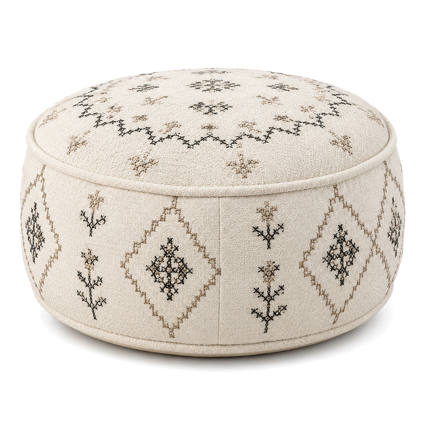 Ivory & Charcoal Boho Embroidered Round Pouf by Primeval on white background
