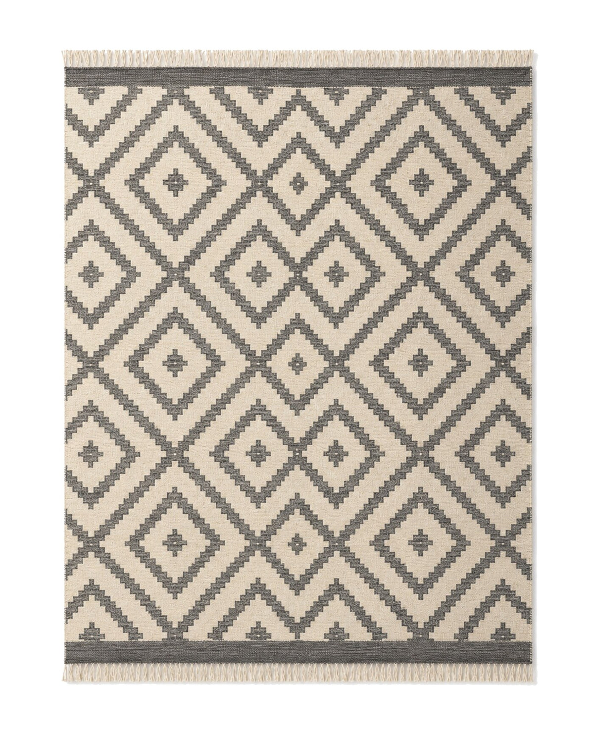 Ivory and charcoal geometric diamond kilim area rug for wholesale sourcing from India