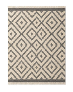 Ivory and charcoal geometric diamond kilim area rug for wholesale sourcing from India