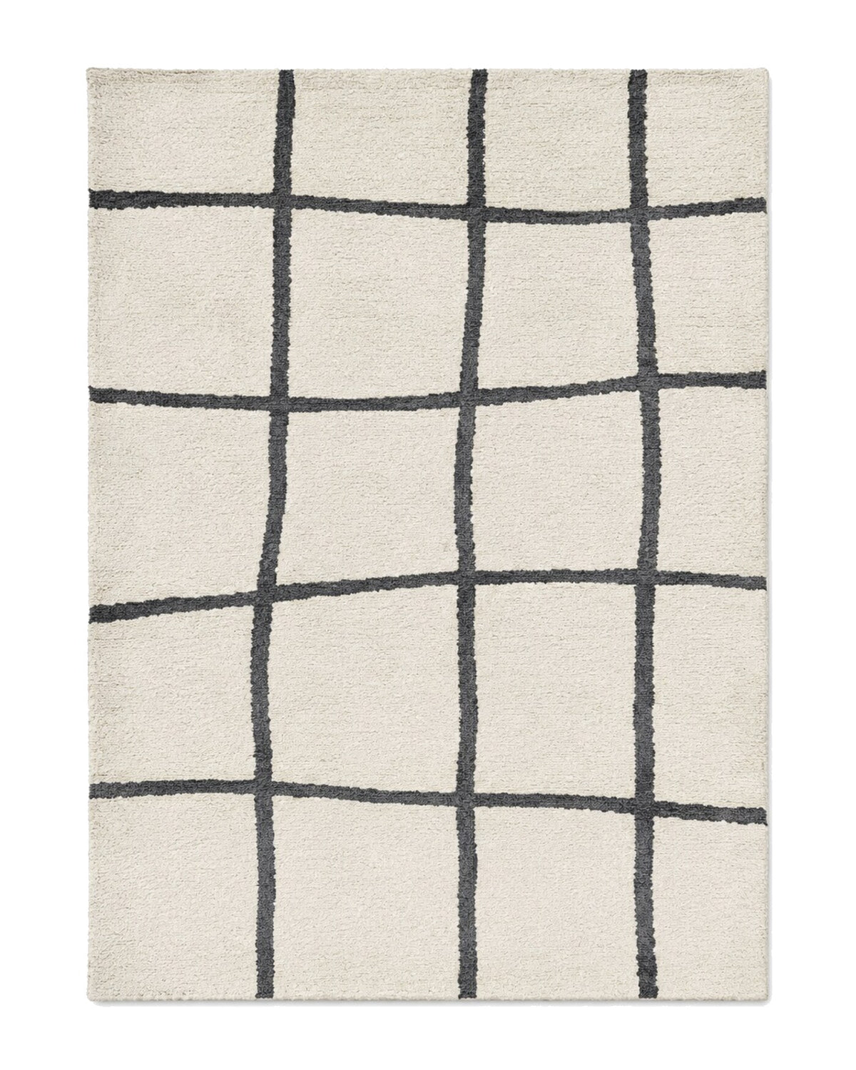 Ivory and charcoal irregular hand-drawn grid rug for wholesale sourcing from India