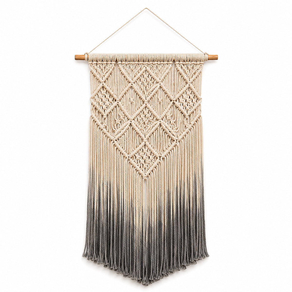 Ivory and charcoal ombre macrame wall hanging with long fringe by Primeval