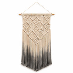 Ivory and charcoal ombre macrame wall hanging with long fringe by Primeval