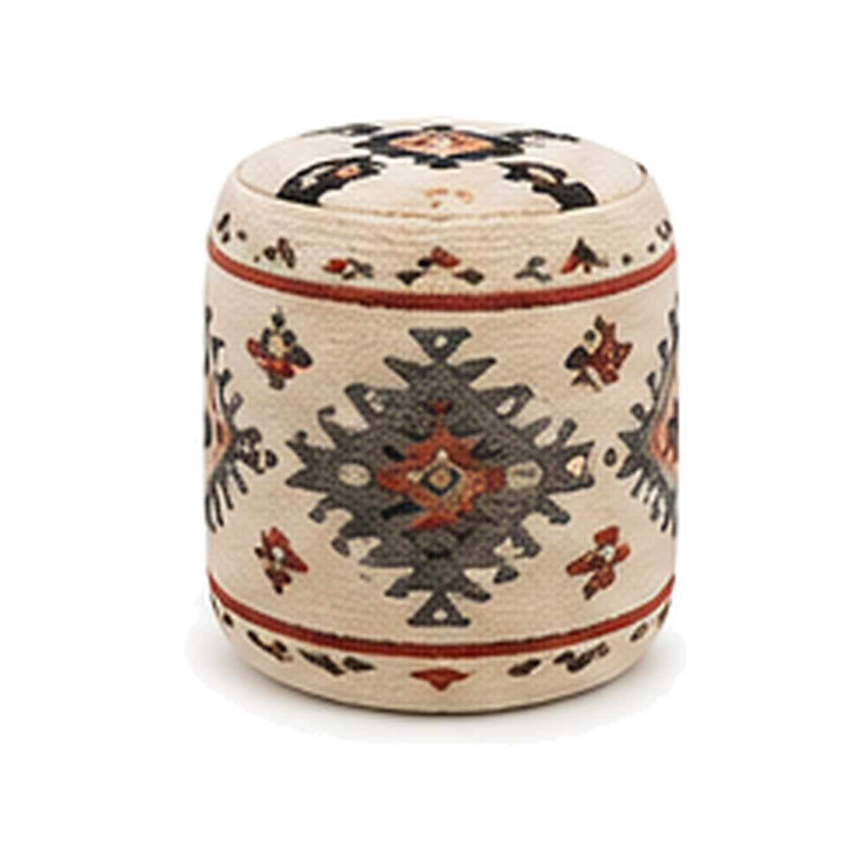 Ivory charcoal and rust tribal medallion wool kilim cylinder pouf ottoman on white background