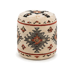 Ivory charcoal and rust tribal medallion wool kilim cylinder pouf ottoman on white background