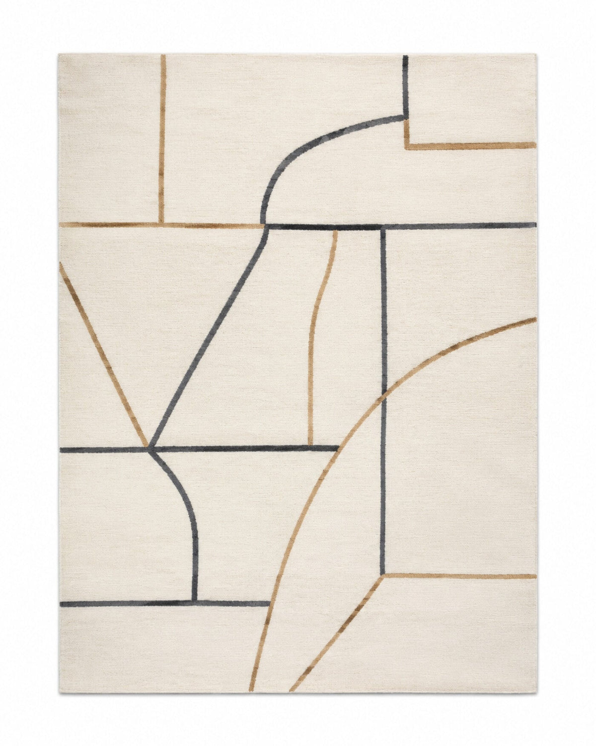 Ivory, charcoal and tan abstract architectural line area rug for wholesale sourcing from India