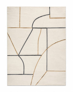 Ivory, charcoal and tan abstract architectural line area rug for wholesale sourcing from India