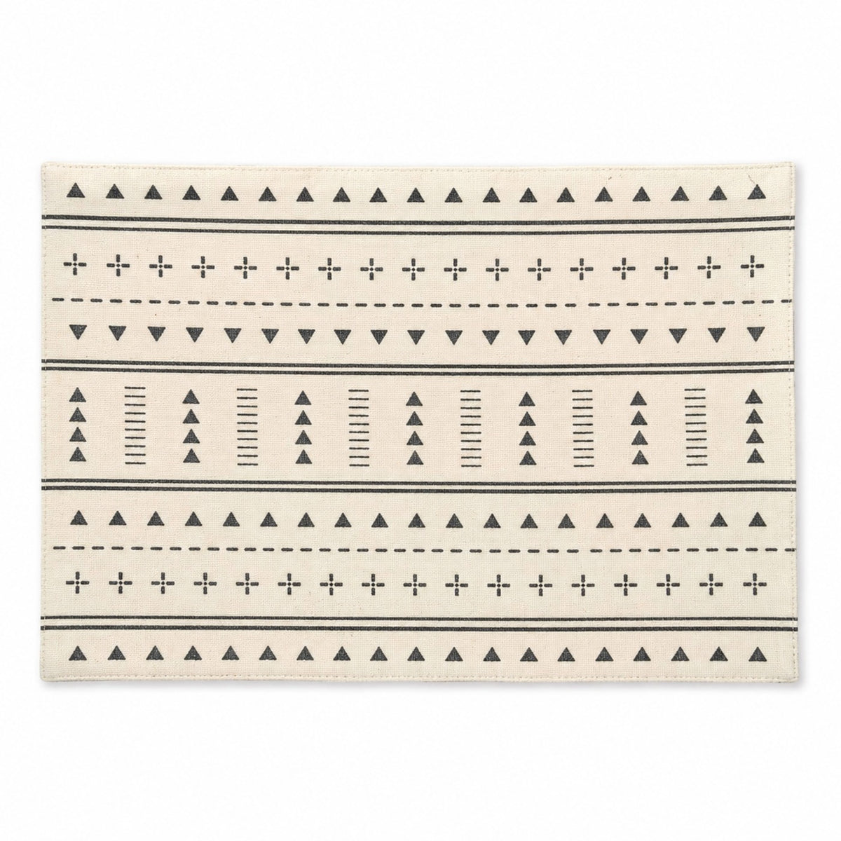 Ivory rectangular placemat with charcoal tribal stripe geometry, monochrome woven dining table mat by Primeval