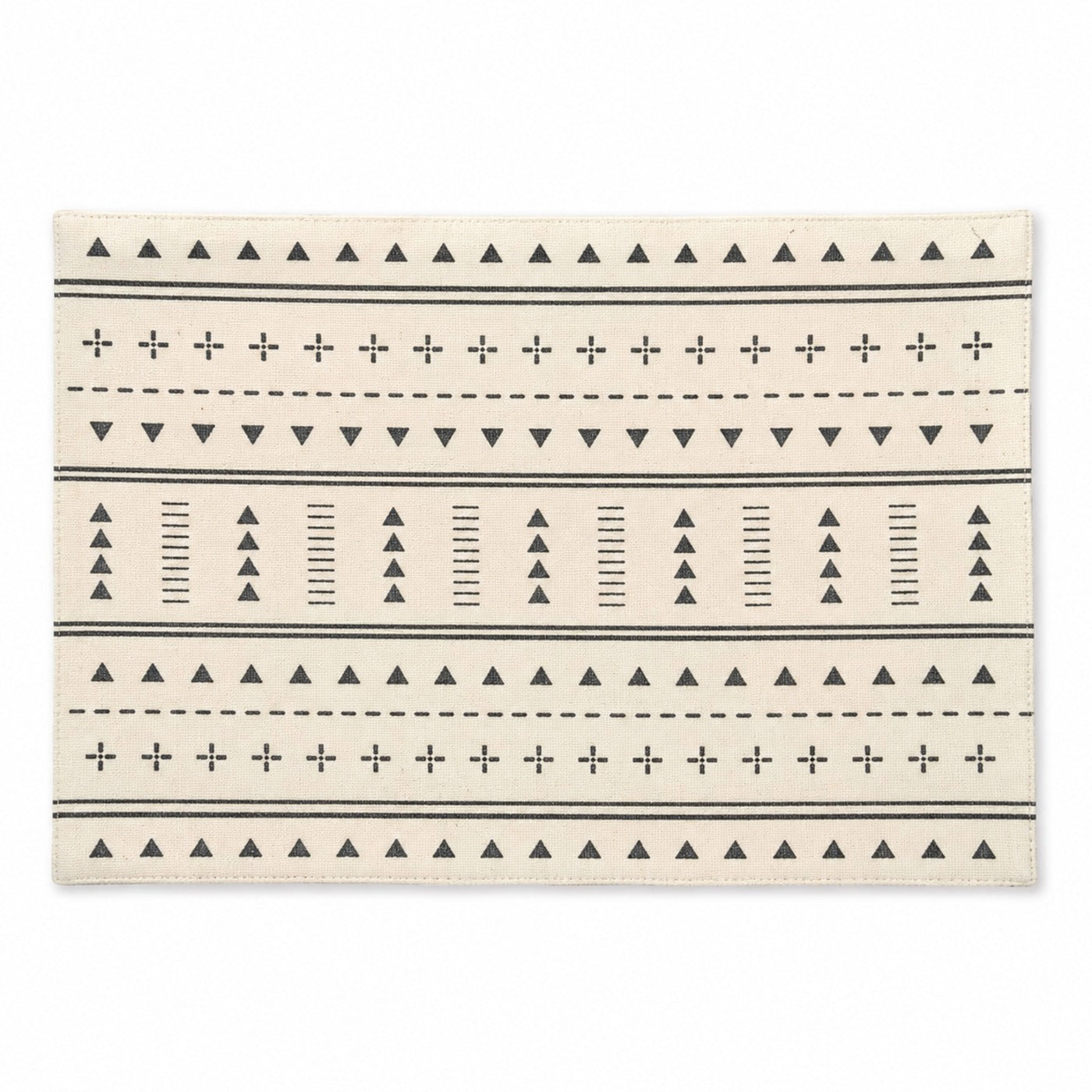 Ivory rectangular placemat with charcoal tribal stripe geometry, monochrome woven dining table mat by Primeval