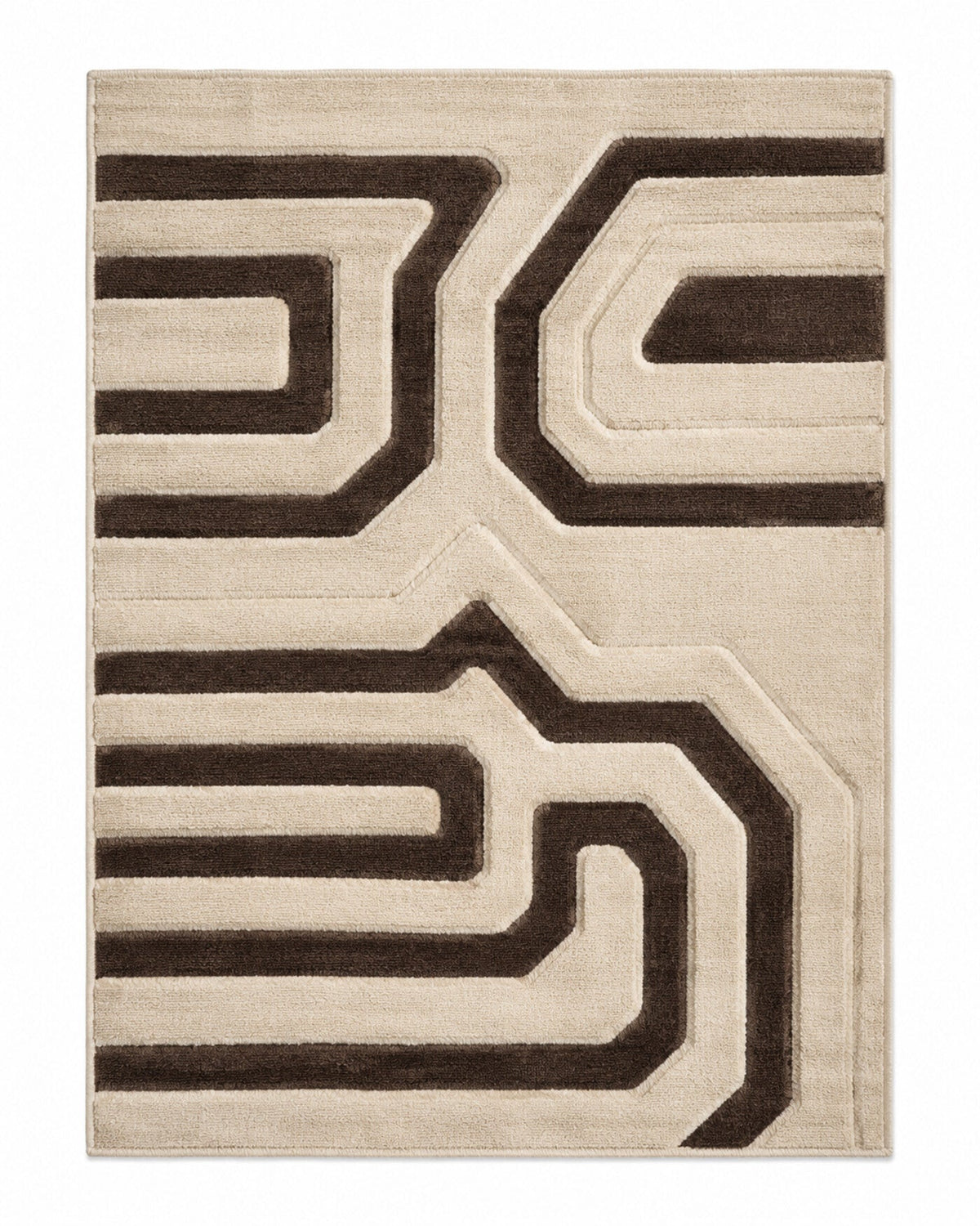 Ivory and dark brown bold maze geometric area rug for wholesale sourcing from India