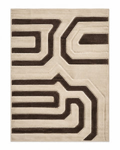 Ivory and dark brown bold maze geometric area rug for wholesale sourcing from India
