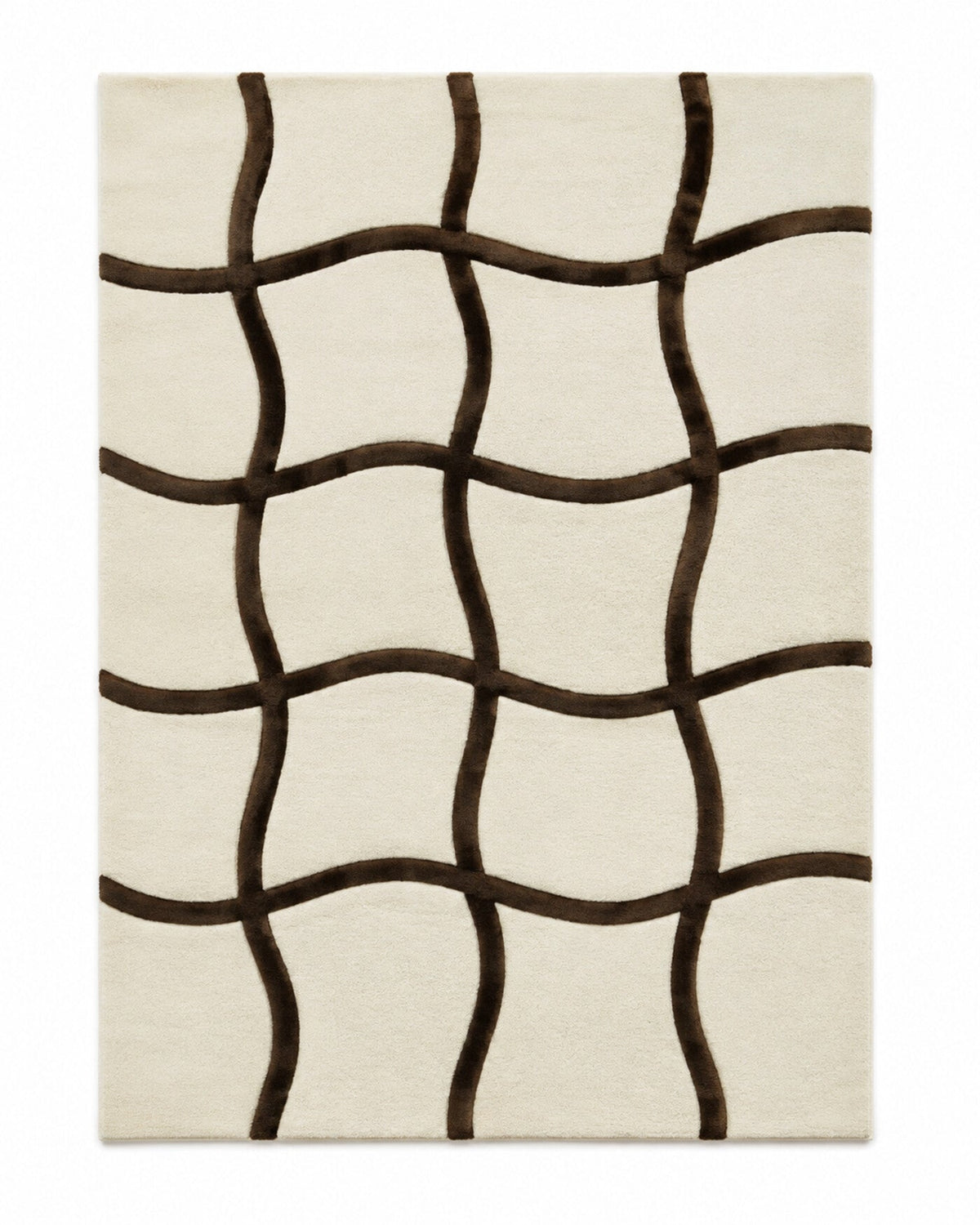 Ivory and dark brown wavy grid abstract area rug for wholesale sourcing from India