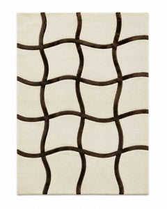 Ivory and dark brown wavy grid abstract area rug for wholesale sourcing from India
