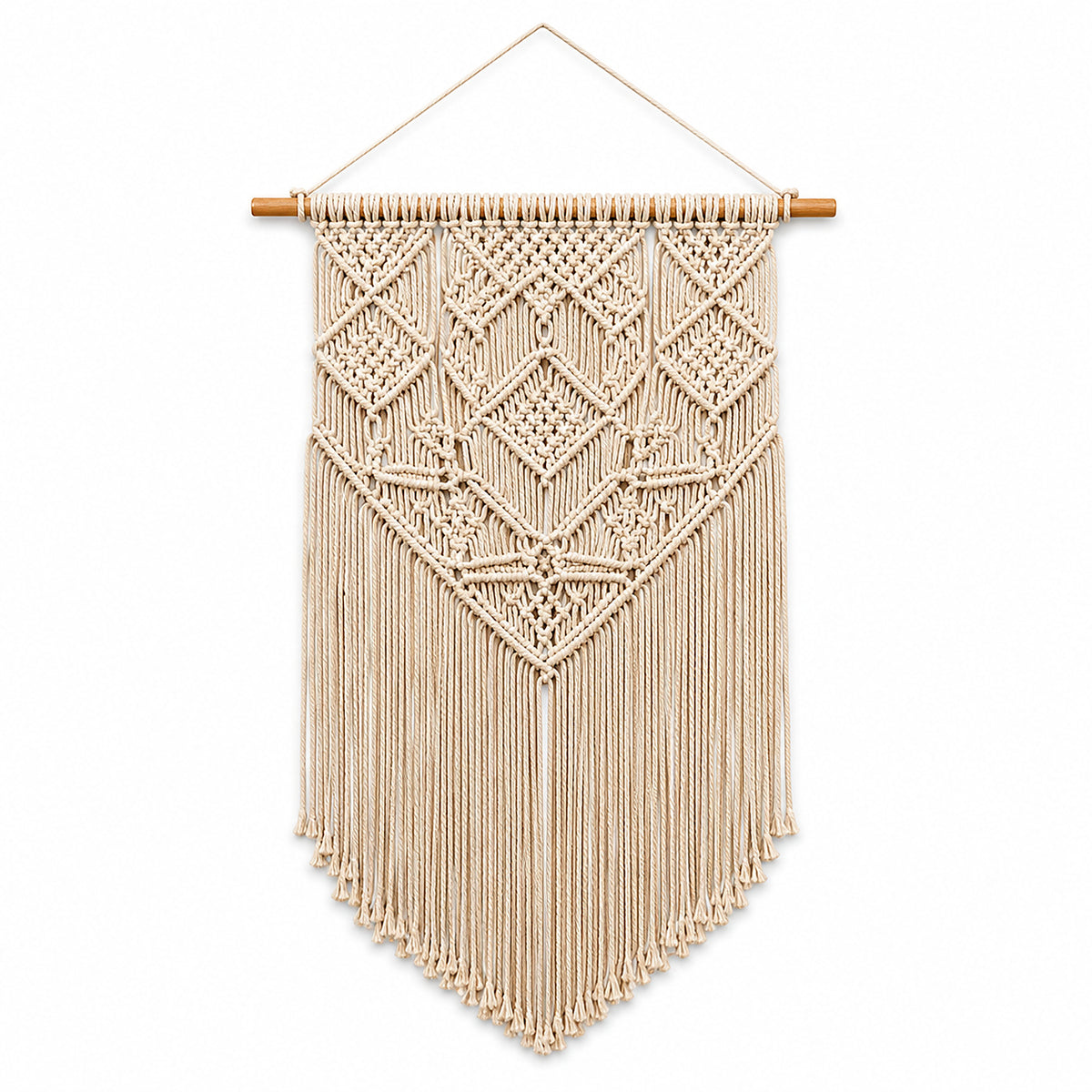 Ivory diamond macrame wall hanging with long fringe by Primeval