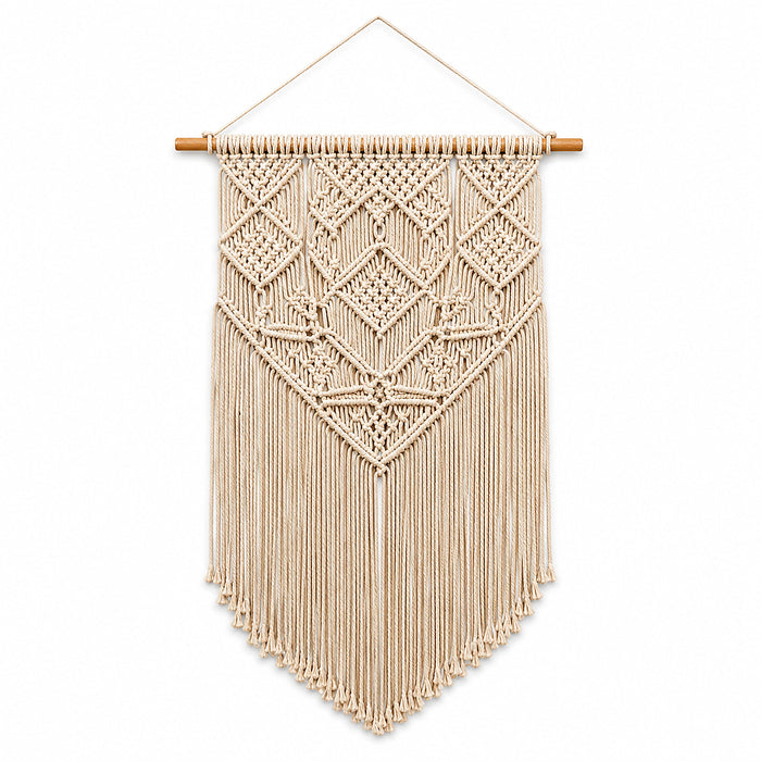 Ivory diamond macrame wall hanging with long fringe by Primeval