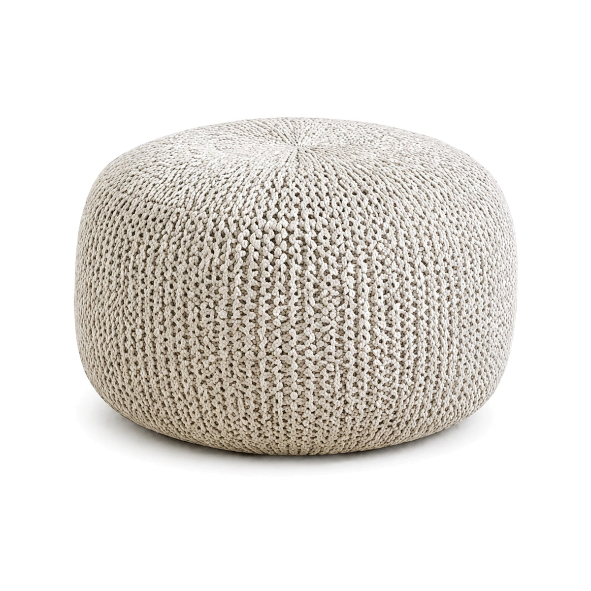 Ivory and grey marled knitted round pouf ottoman on white background