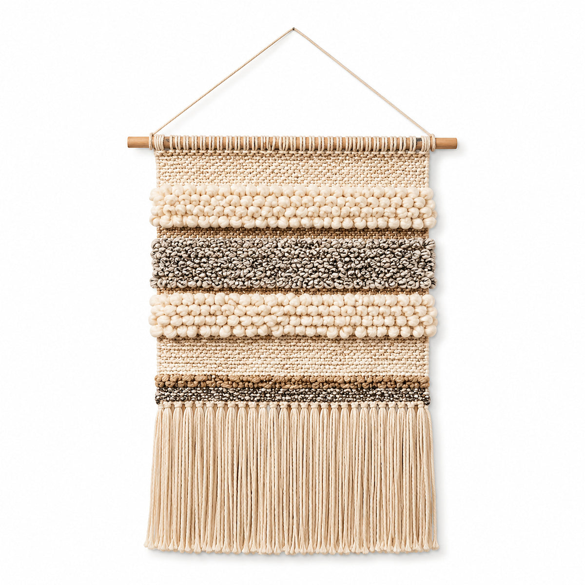 Ivory grey and natural textured stripe macrame wall hanging with fringe by Primeval