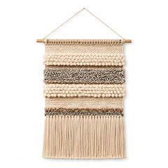 Ivory grey and natural textured stripe macrame wall hanging with fringe by Primeval