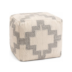 Ivory & Grey Stepped Diamond Cube Pouf Ottoman on white background