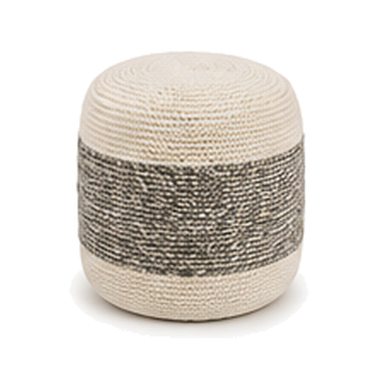 Ivory and grey wide centre band European style cylinder pouf ottoman on white background