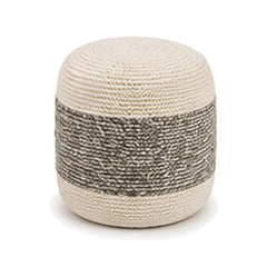 Ivory and grey wide centre band European style cylinder pouf ottoman on white background