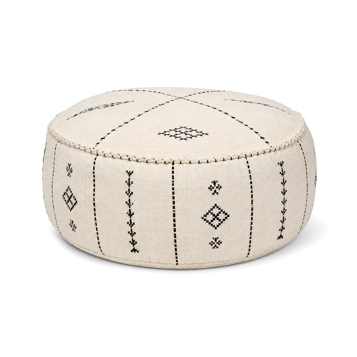 Ivory Minimal Tribal Embroidered Round Pouf by Primeval on white background