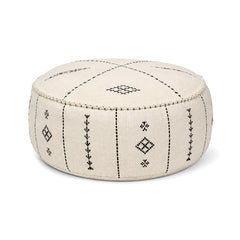 Ivory Minimal Tribal Embroidered Round Pouf by Primeval on white background