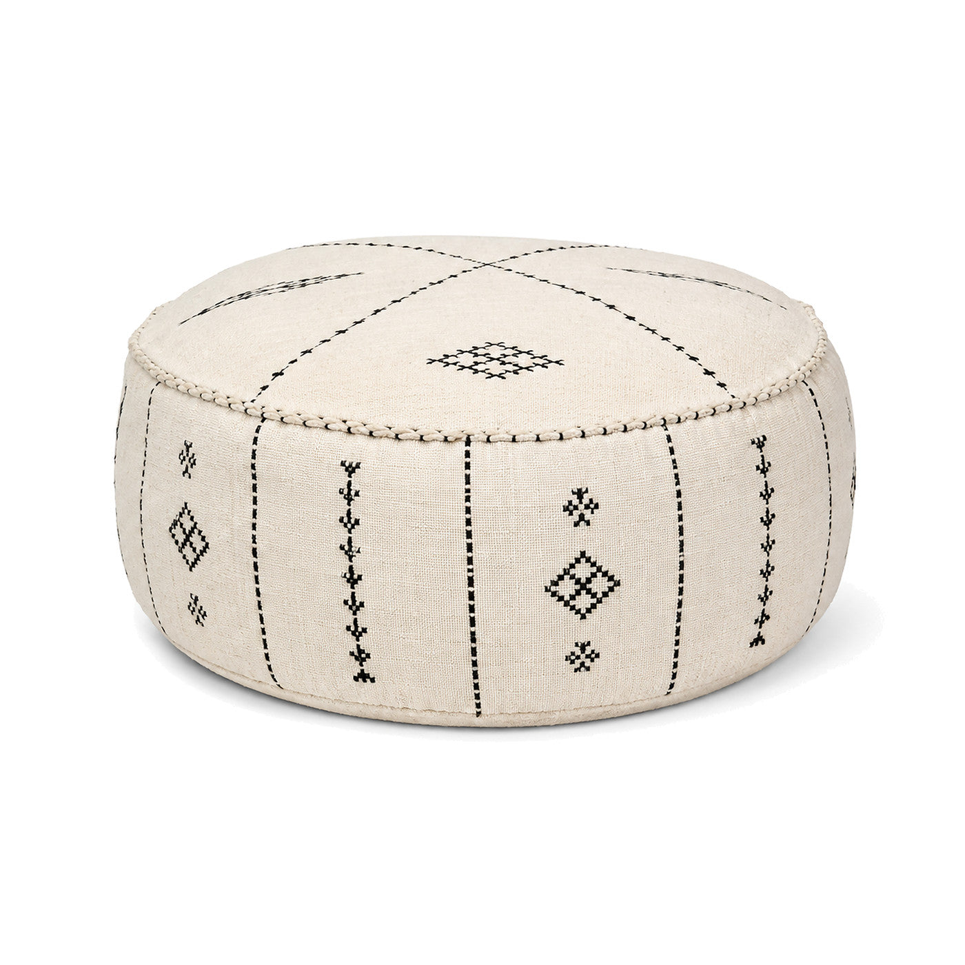 Ivory Minimal Tribal Embroidered Round Pouf by Primeval on white background