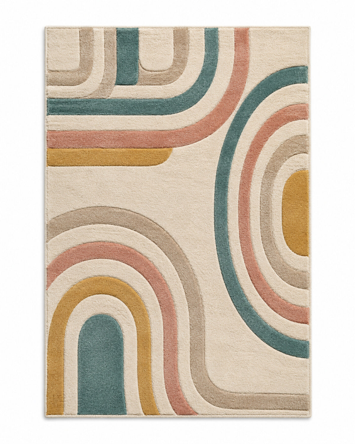 Ivory area rug with teal, rose, mustard and taupe multicolour contour curves in a retro modern pattern