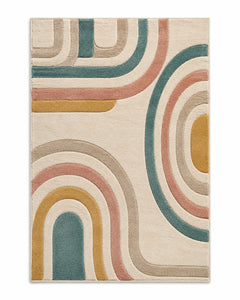 Ivory area rug with teal, rose, mustard and taupe multicolour contour curves in a retro modern pattern