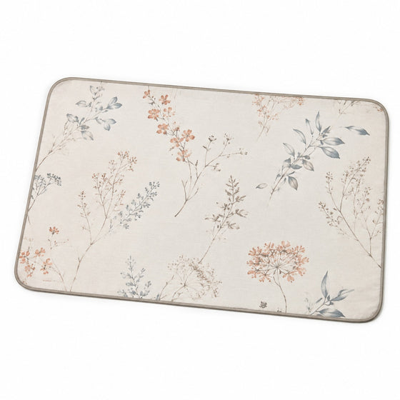 Ivory placemat with delicate multicolor botanical floral print and rounded corners, elegant table linen by Primeval
