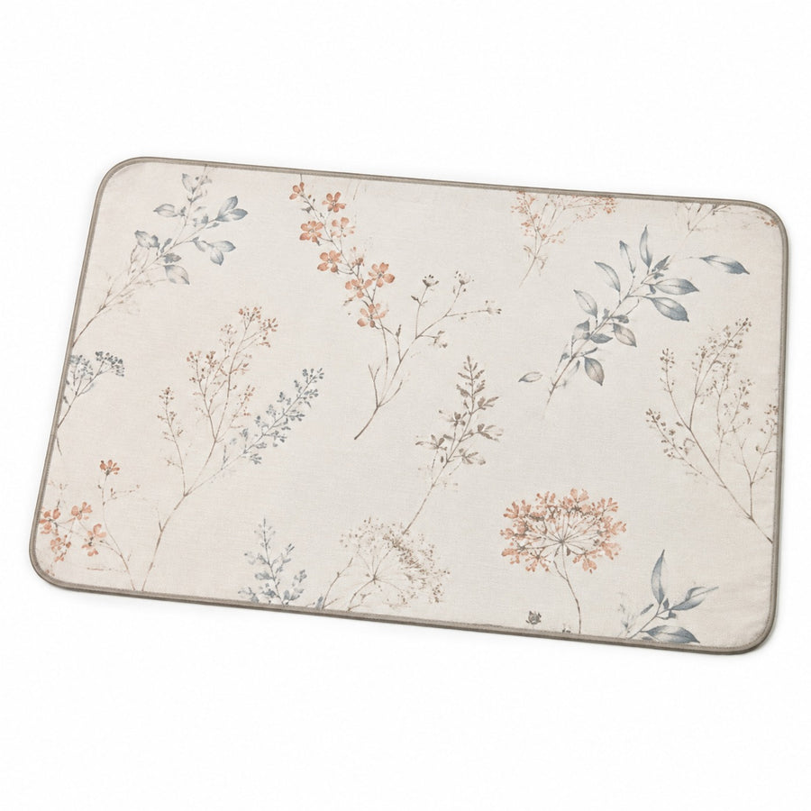 Ivory placemat with delicate multicolor botanical floral print and rounded corners, elegant table linen by Primeval