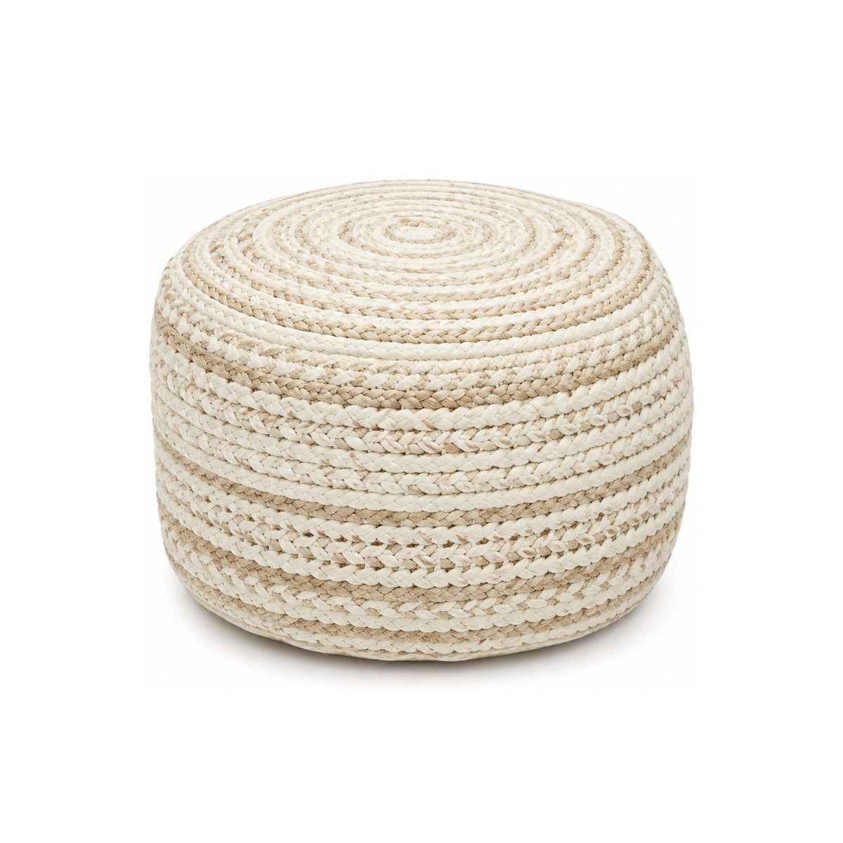 Ivory & Natural Braided Knit Round Pouf Ottoman on white background