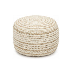 Ivory & Natural Braided Knit Round Pouf Ottoman on white background
