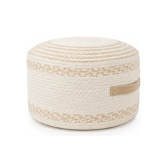 Ivory & Natural Braided Stripe Round Pouf Ottoman on white background