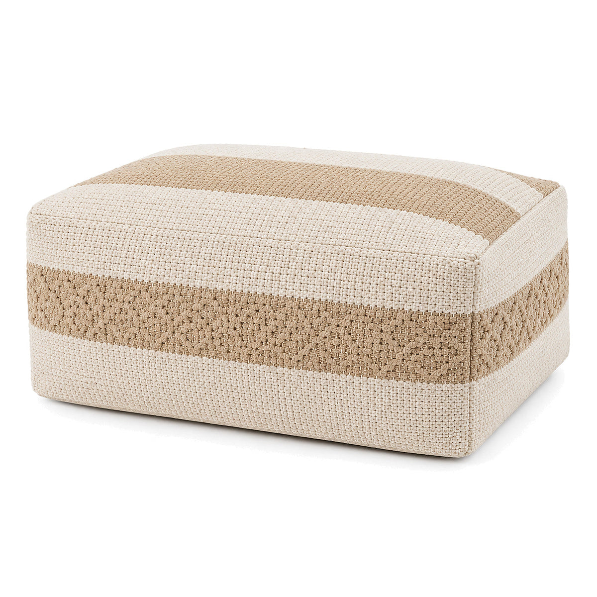 Ivory & Natural Broad Stripe Woven Rectangular Pouf by Primeval on white background