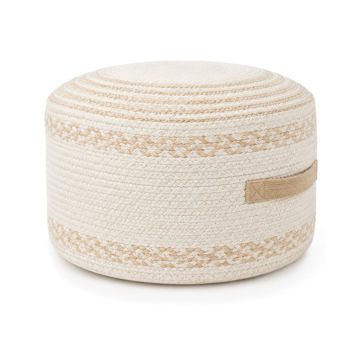 Ivory and natural concentric braided round pouf ottoman on white background