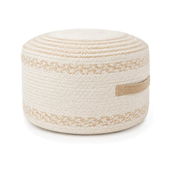 Ivory and natural concentric braided round pouf ottoman on white background